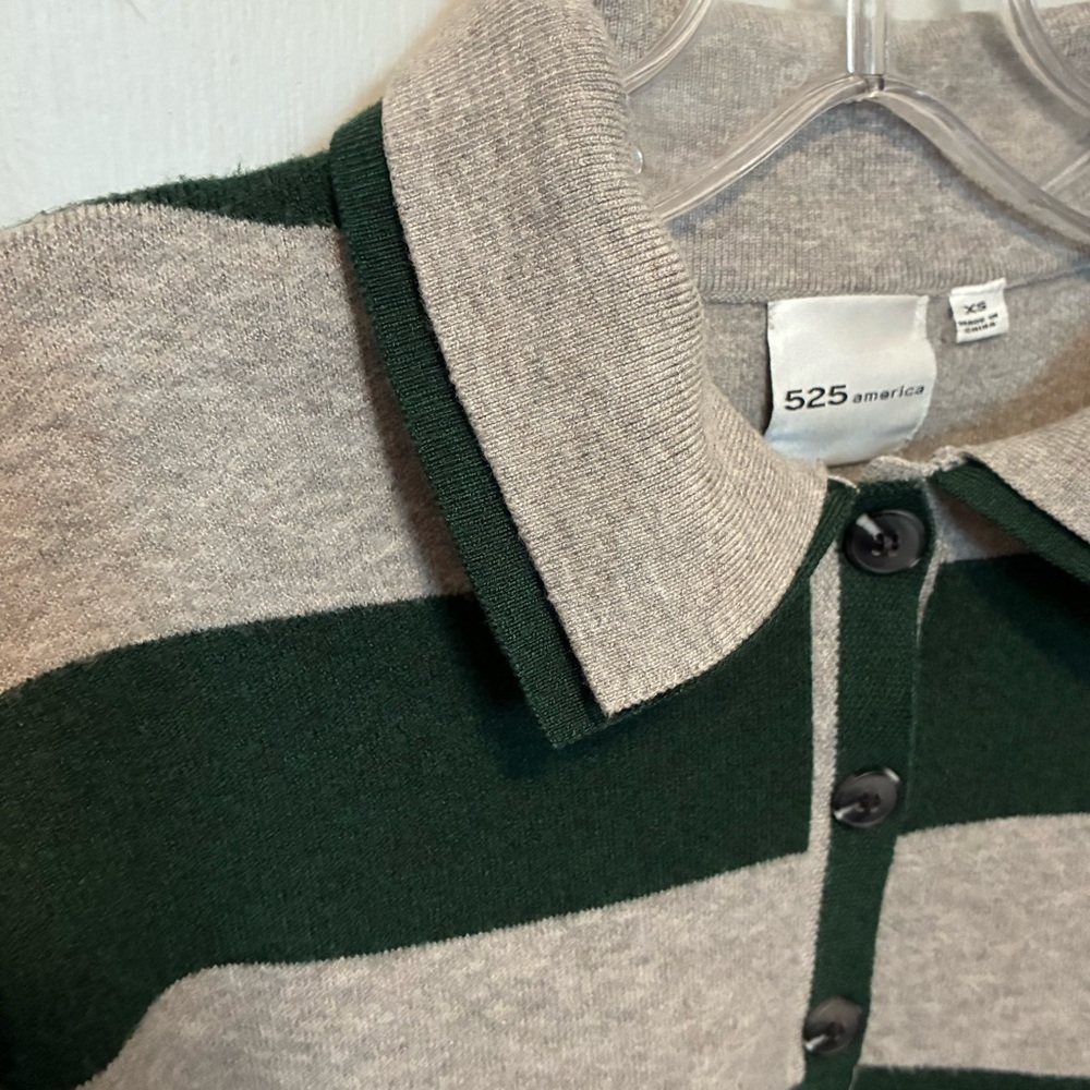 525 AMERICA Green & Grey Rugby Striped Double Collar Polo Top | size XS - Picture 4 of 11